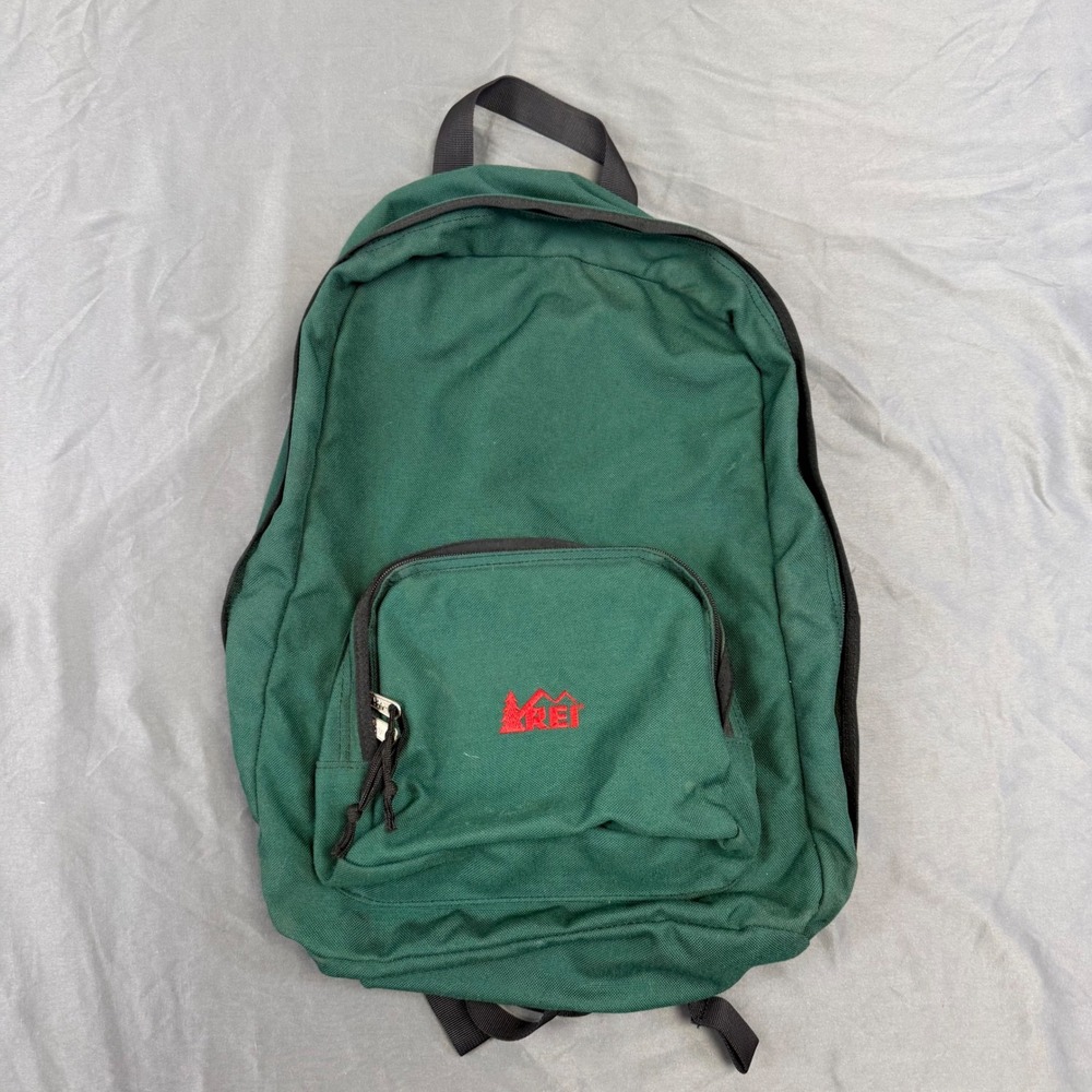 Vintage REI Forest Green Canvas Backpack Red Mountain Logo Gorpcore Daypack